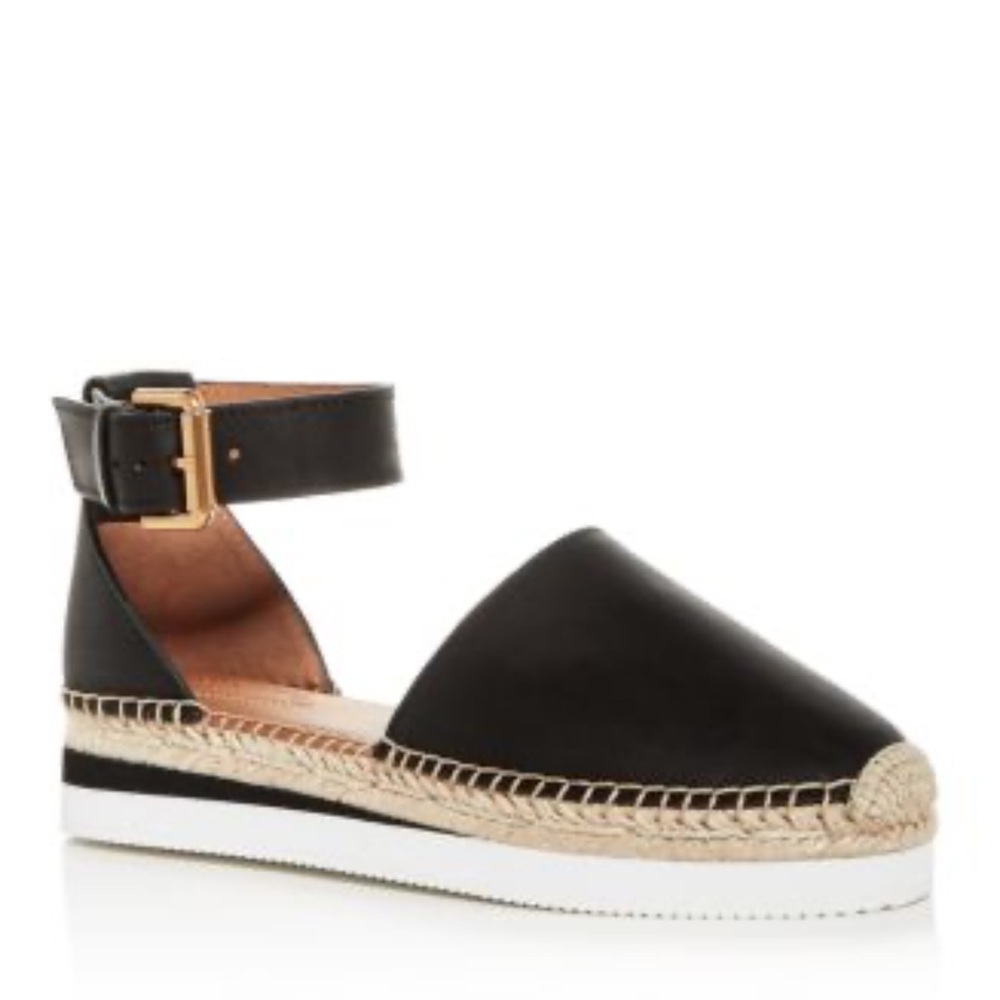 See By Chloe Black Leather Glyn Flat Espadrilles Nero 38 Ankle Strap Round Toe